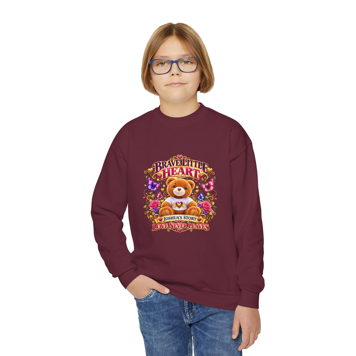 Brave Little Heart Youth Crewneck Sweatshirt β Cute Teddy Bear Floral Kids Pullover