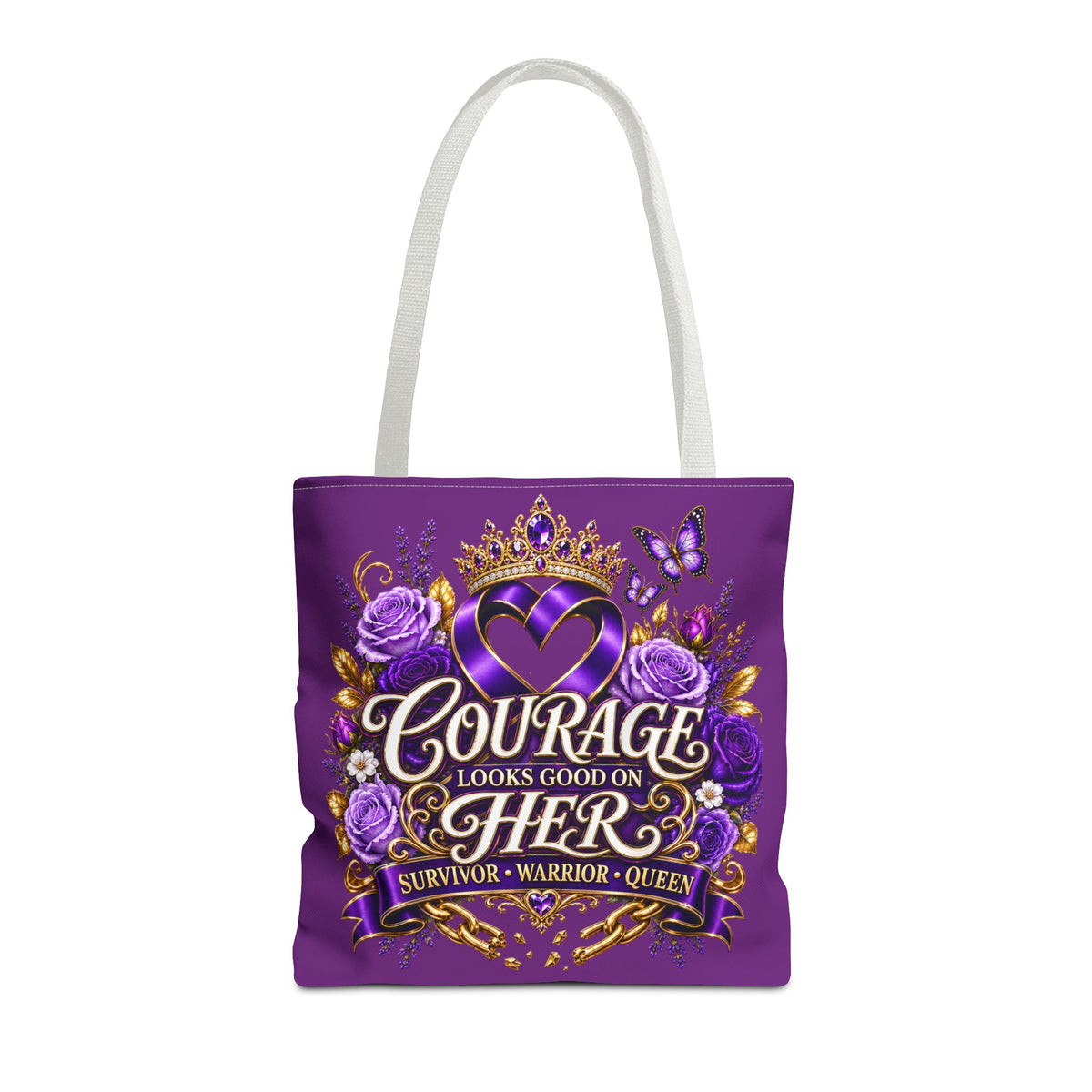 Purple "Courage Looks Good on Her" Survivor Tote Bag — Breast Cancer Awareness, Warrior Queen Gift