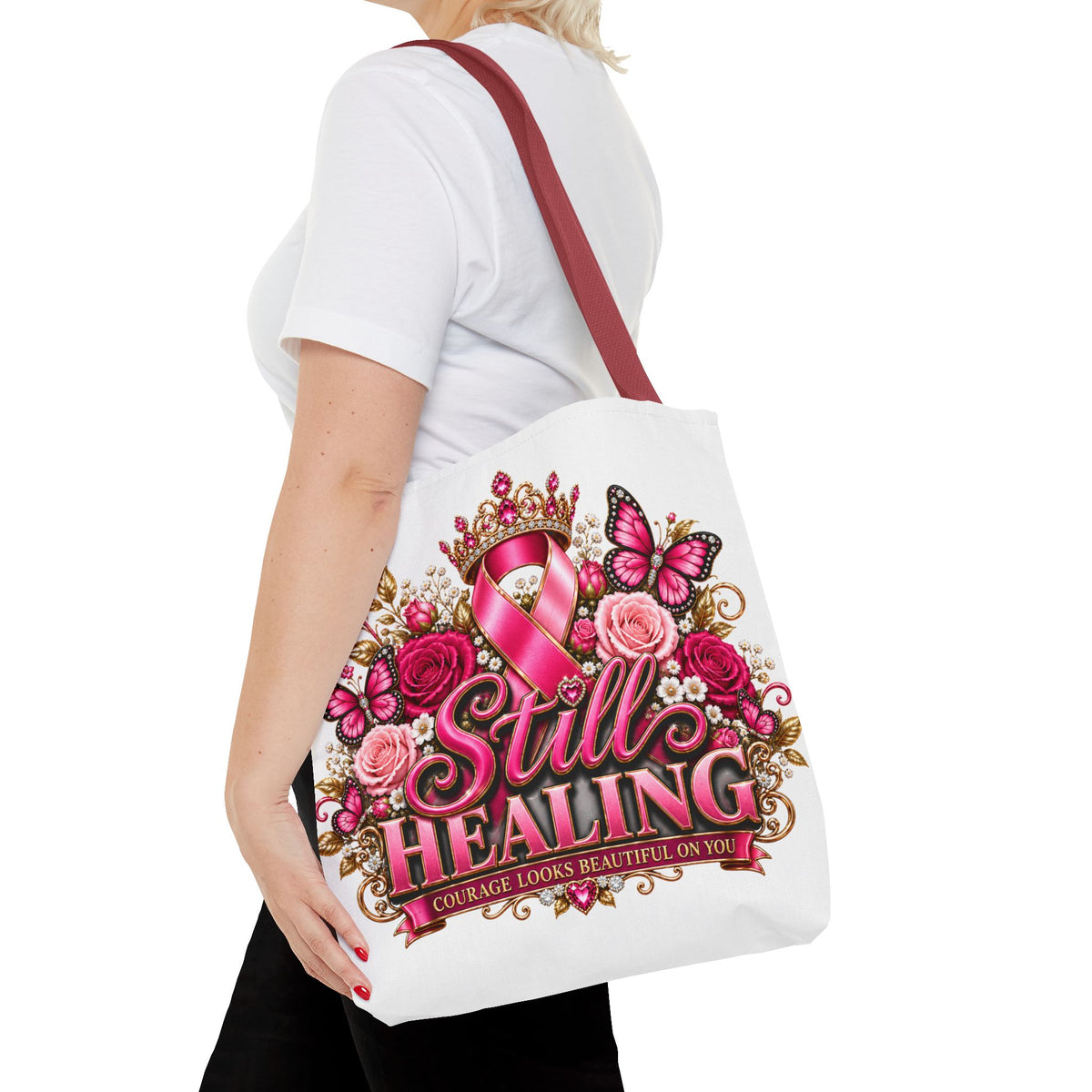 Breast Cancer Awareness Tote Bag - "Still Healing" Pink Ribbon Floral Design