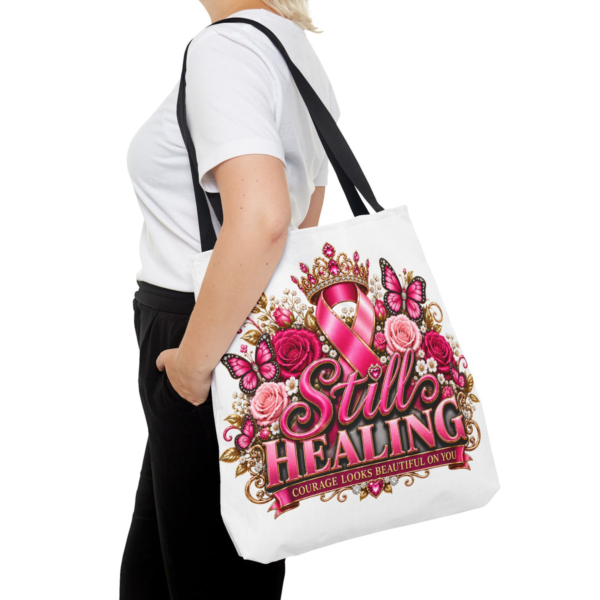 Breast Cancer Awareness Tote Bag - "Still Healing" Pink Ribbon Floral Design