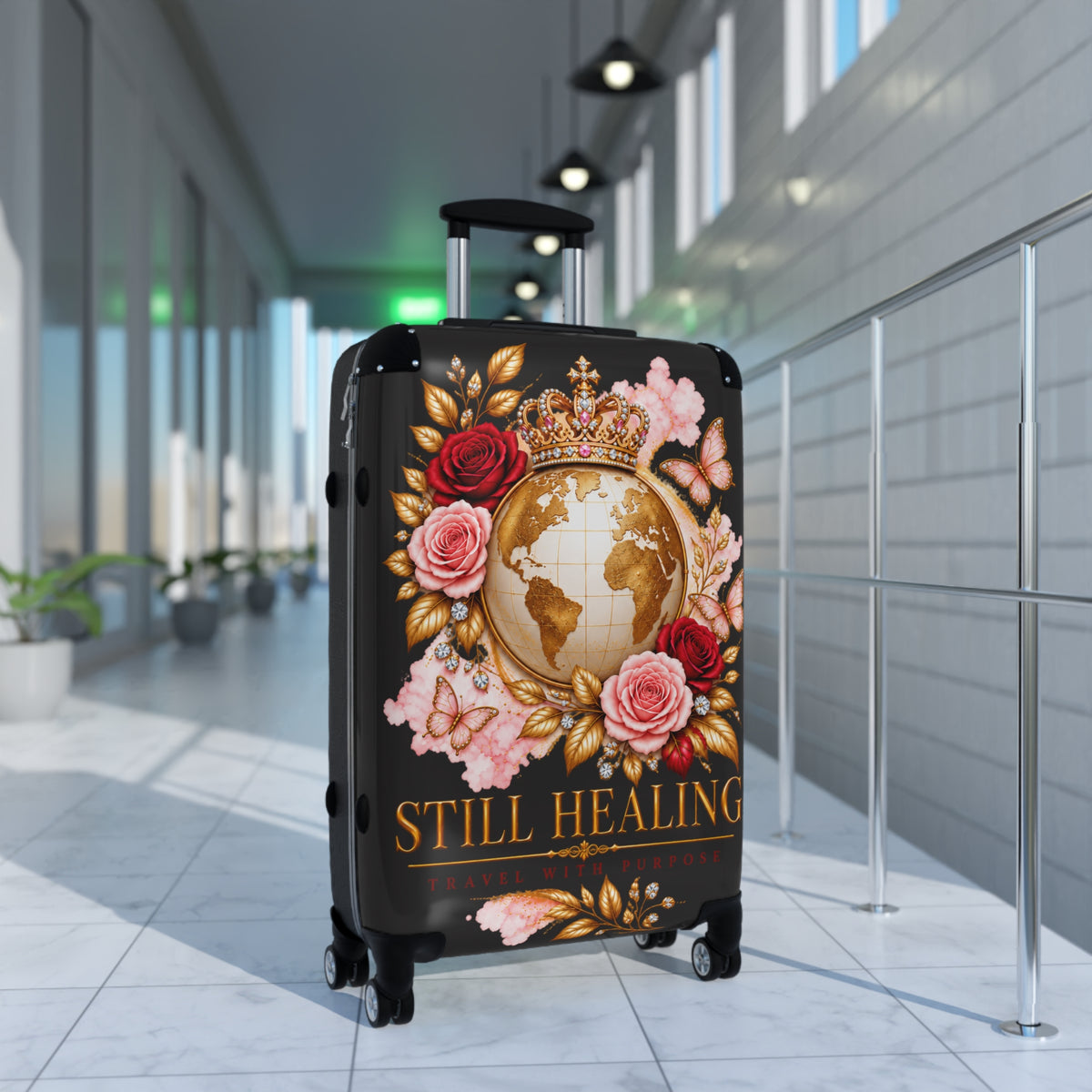 Still Healing Floral Globe Suitcase — Decorative Travel Luggage