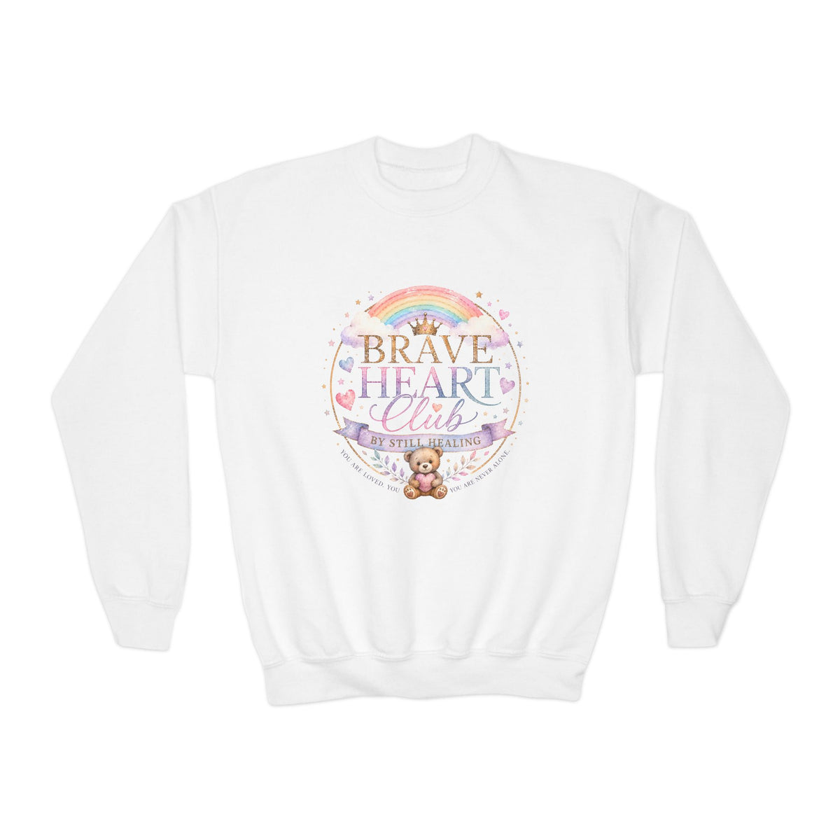 Brave Heart Club Youth Crewneck Sweatshirt — Rainbow Teddy Cancer Awareness