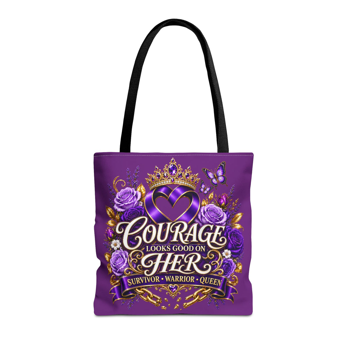 Purple "Courage Looks Good on Her" Survivor Tote Bag — Breast Cancer Awareness, Warrior Queen Gift