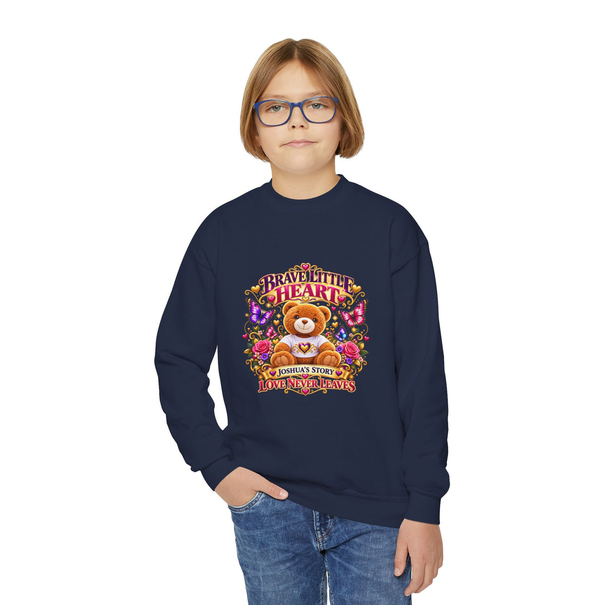 Brave Little Heart Youth Crewneck Sweatshirt β Cute Teddy Bear Floral Kids Pullover