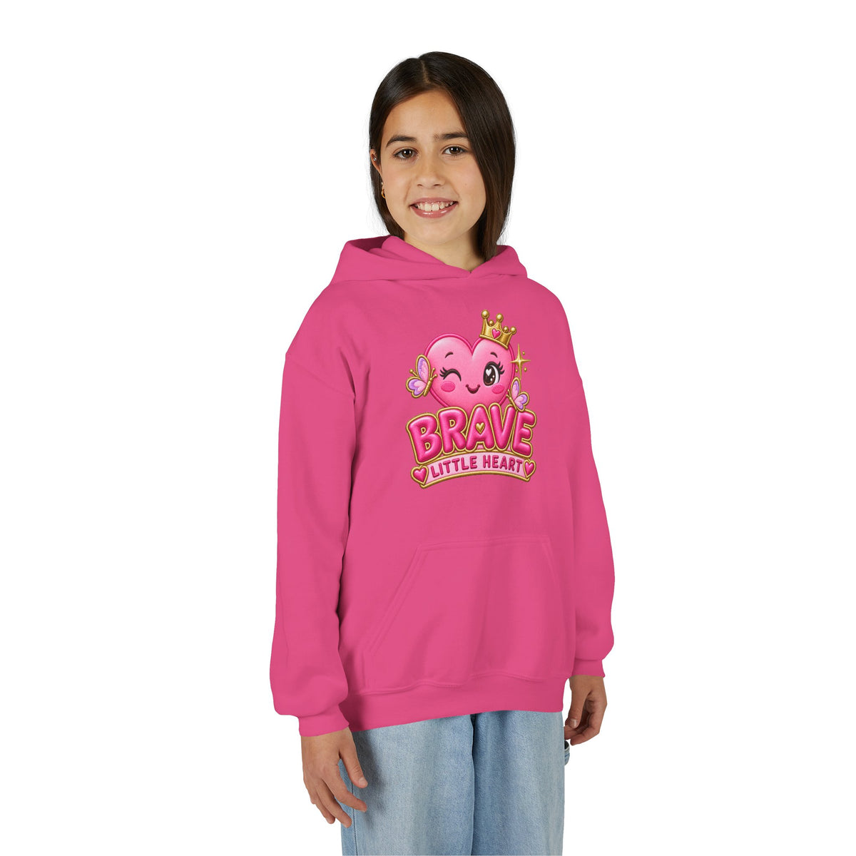 Youth Hoodie — "Brave Little Heart" Pink Heart Crown Kids Pullover