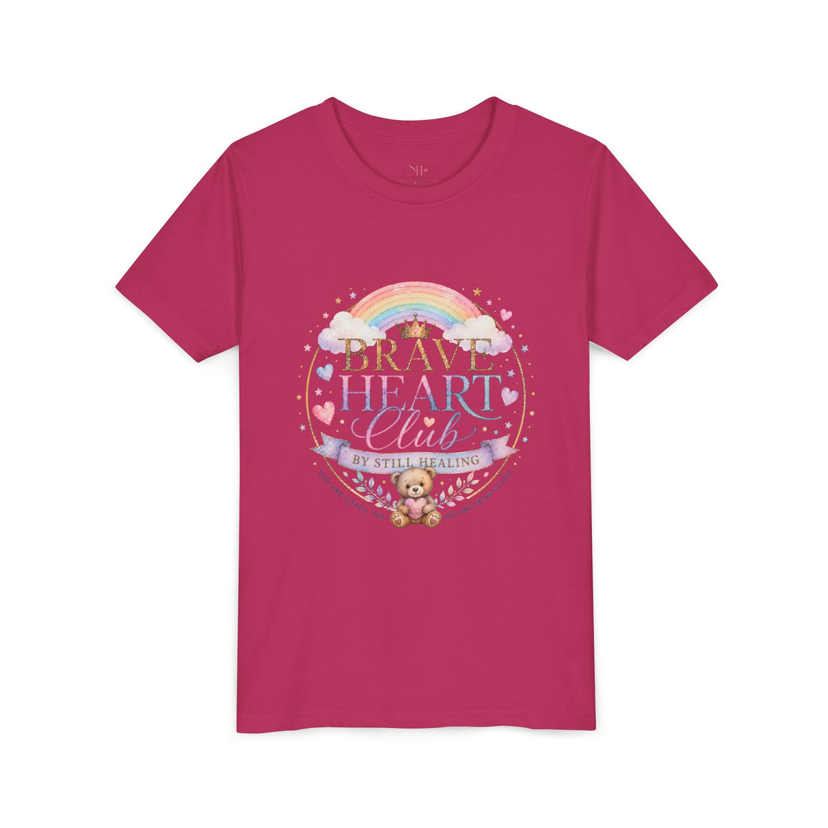 Brave Heart Club Youth Tee — Pastel Rainbow & Teddy Kids Shirt (“Brave Heart Club” Design)