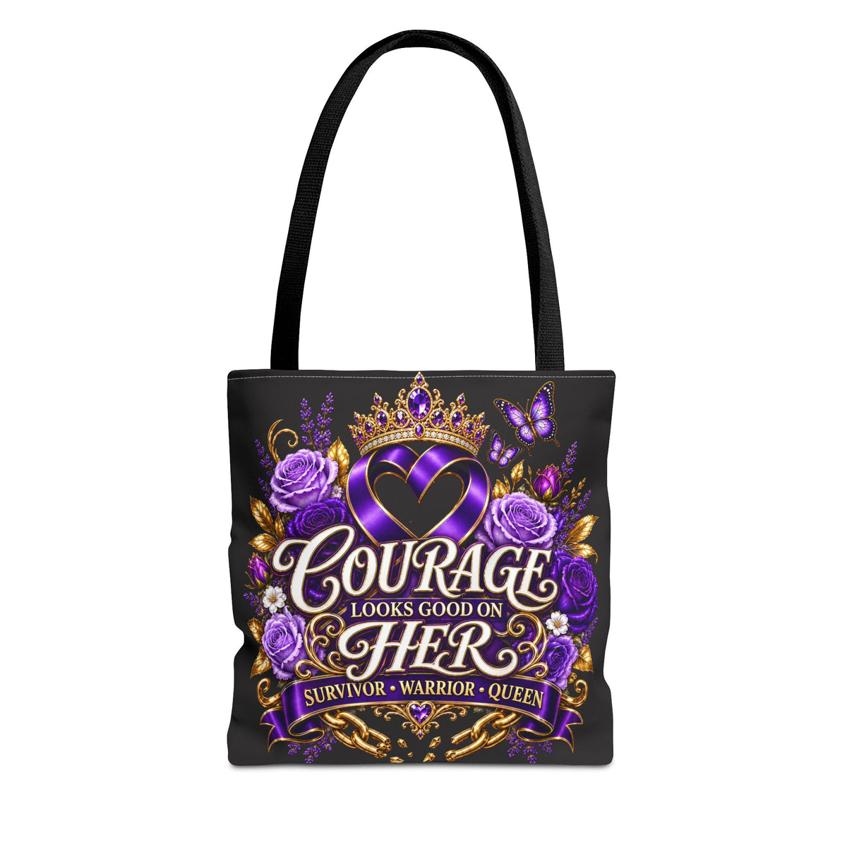 Courage Looks Good on Her Tote Bag — Purple Survivor Warrior Queen Tote