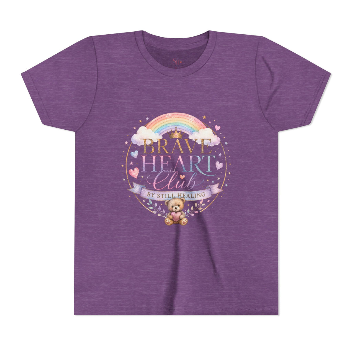 Brave Heart Club Youth Tee — Pastel Rainbow & Teddy Kids Shirt (“Brave Heart Club” Design)