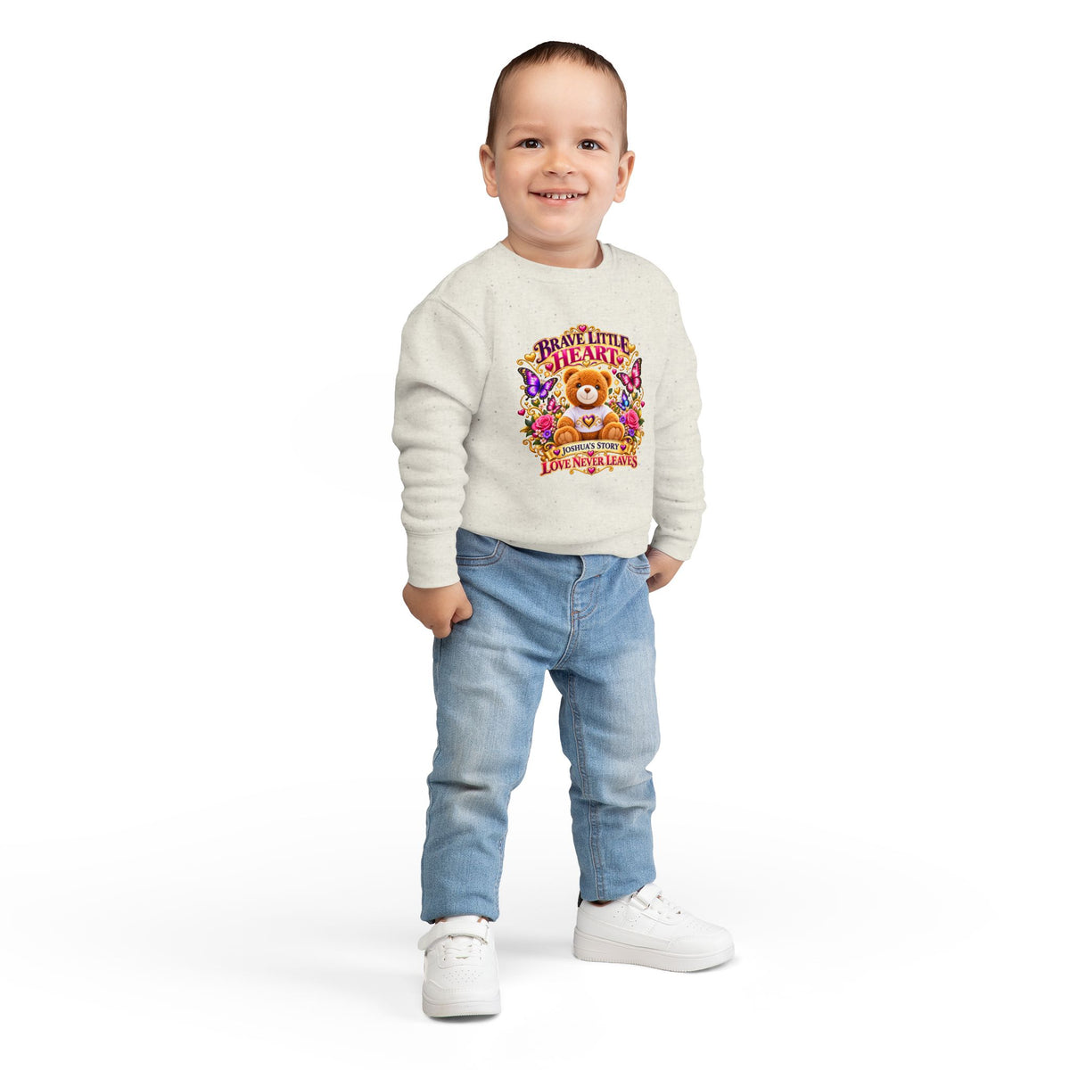 Brave Little Heart Toddler Sweatshirt – Personalized Bear & Butterflies “Love Never Leaves”