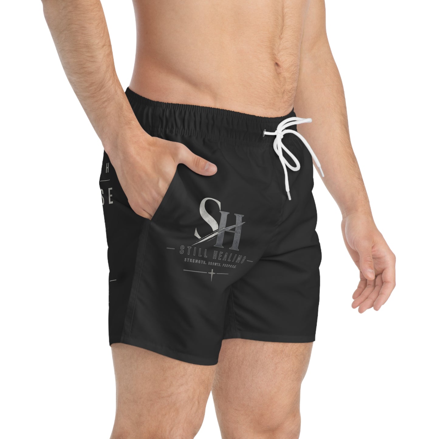 Swim Trunks β 'Still Healing' Motivational Black Swim Shorts