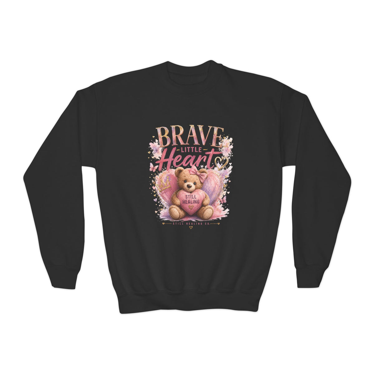 Youth Crewneck Sweatshirt — "Brave Little Heart" Teddy Bear Graphic