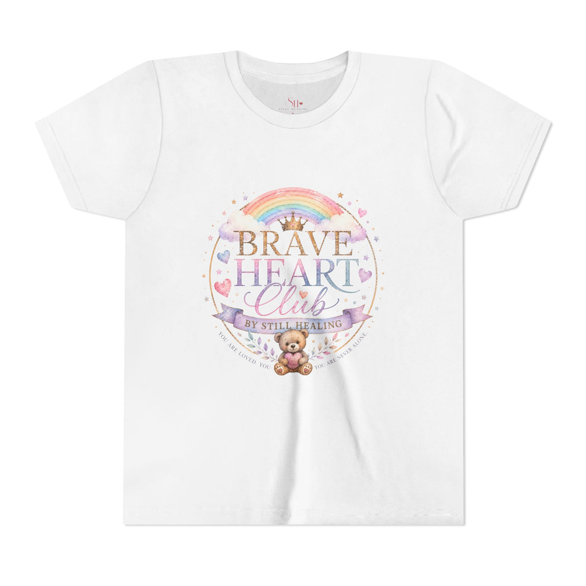 Brave Heart Club Youth Tee — Pastel Rainbow & Teddy Kids Shirt (“Brave Heart Club” Design)