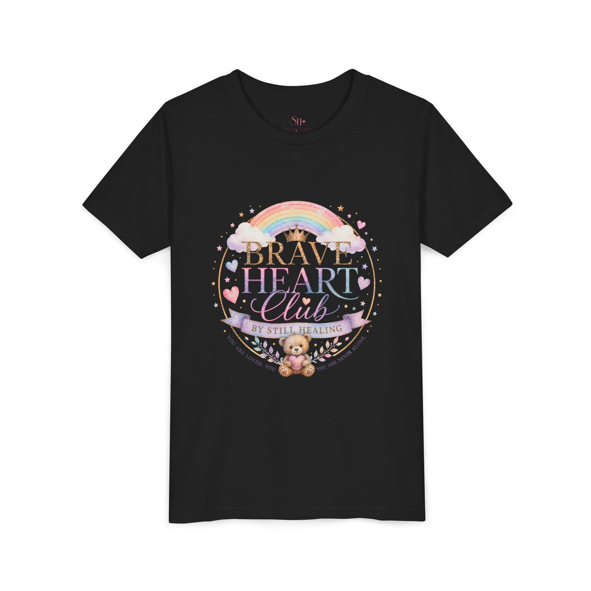 Brave Heart Club Youth Tee — Pastel Rainbow & Teddy Kids Shirt (“Brave Heart Club” Design)