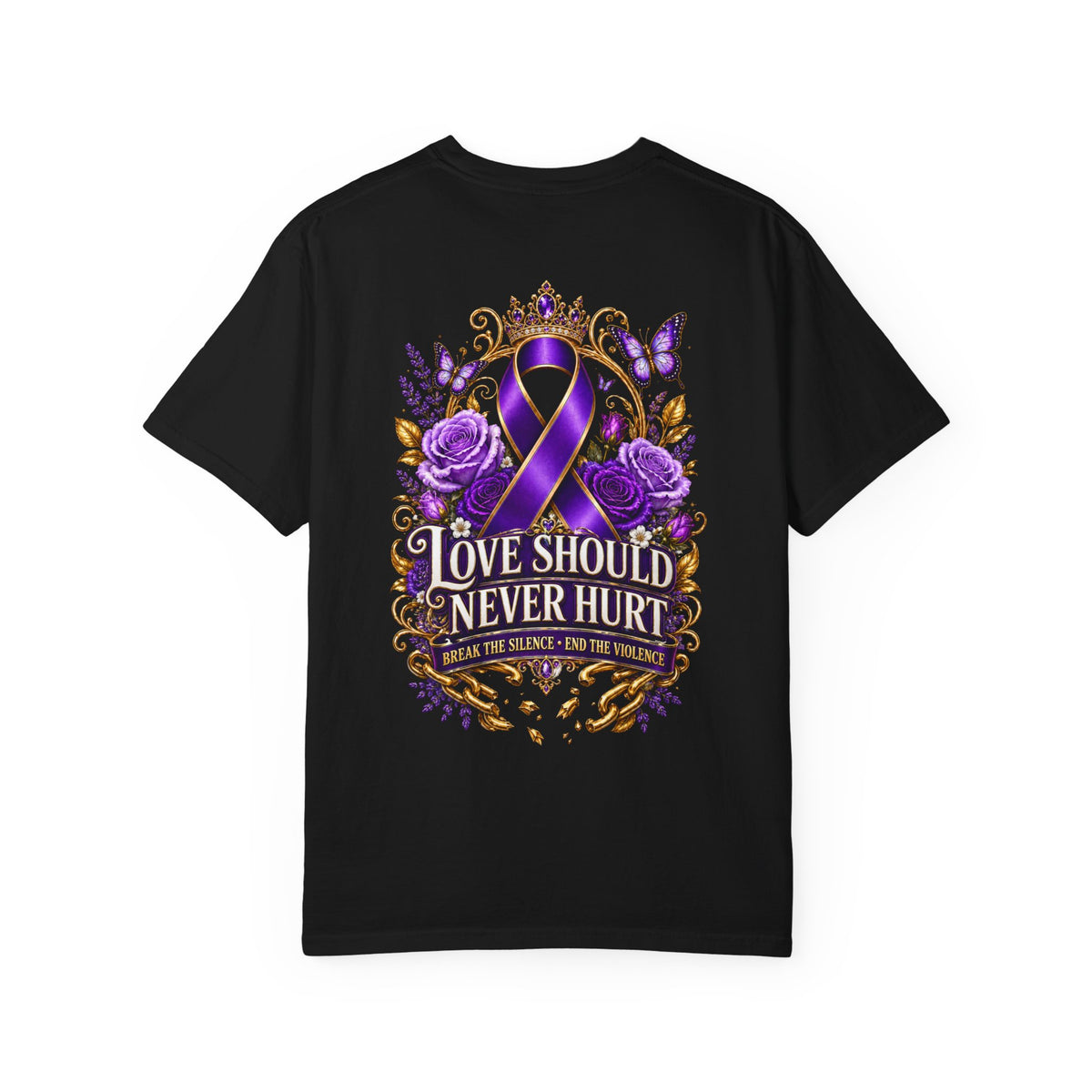 Survivor Awareness T-Shirt — "She Survived, She Rose" & "Love Should Never Hurt" Purple Ribbon Design