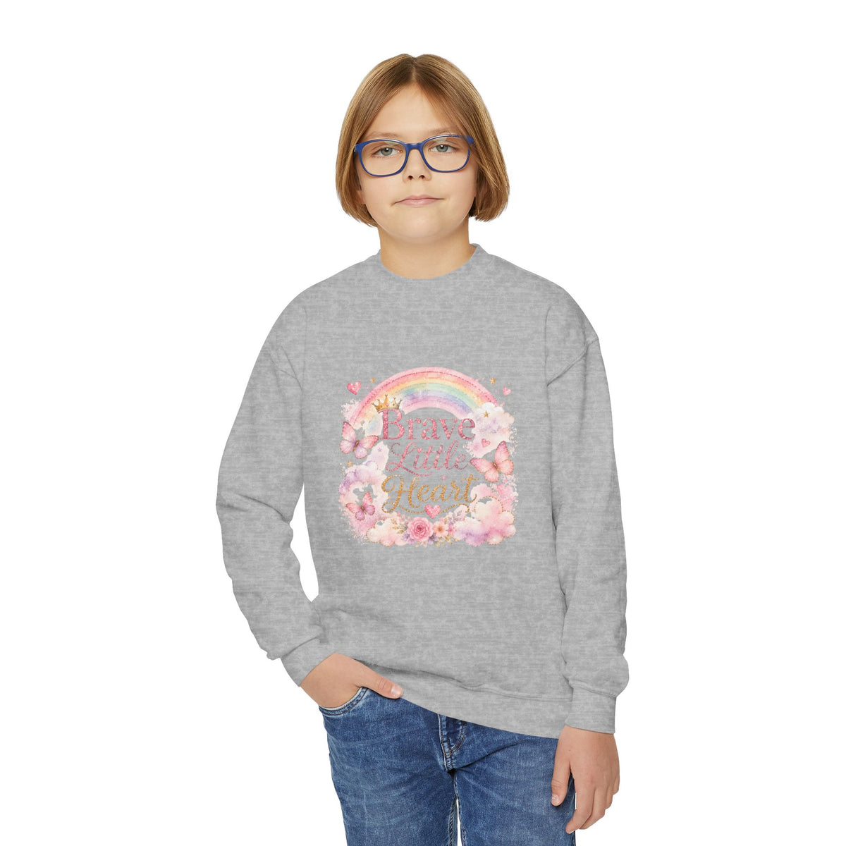 Youth Sweatshirt β "Brave Little Heart" Rainbow Floral Crewneck