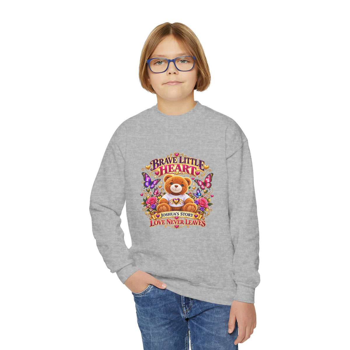 Brave Little Heart Youth Crewneck Sweatshirt β Cute Teddy Bear Floral Kids Pullover