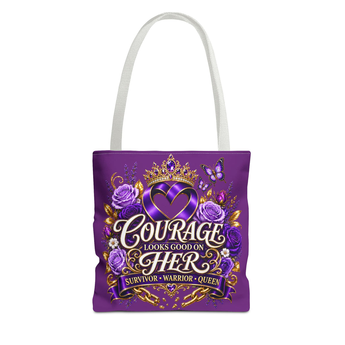 Purple "Courage Looks Good on Her" Survivor Tote Bag — Breast Cancer Awareness, Warrior Queen Gift