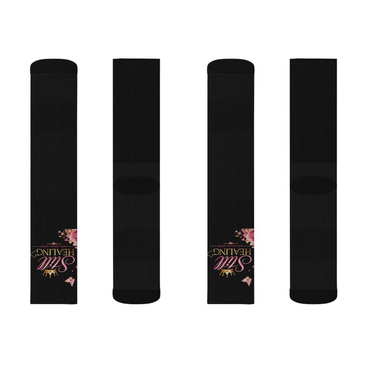 Black Sublimation Socks with Pink Floral “Still Healing” Script — Comfort Crew Socks for Self-Care & Gifts