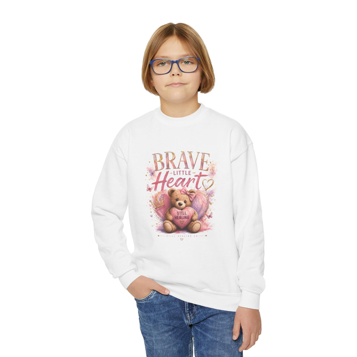 Youth Crewneck Sweatshirt — "Brave Little Heart" Teddy Bear Graphic