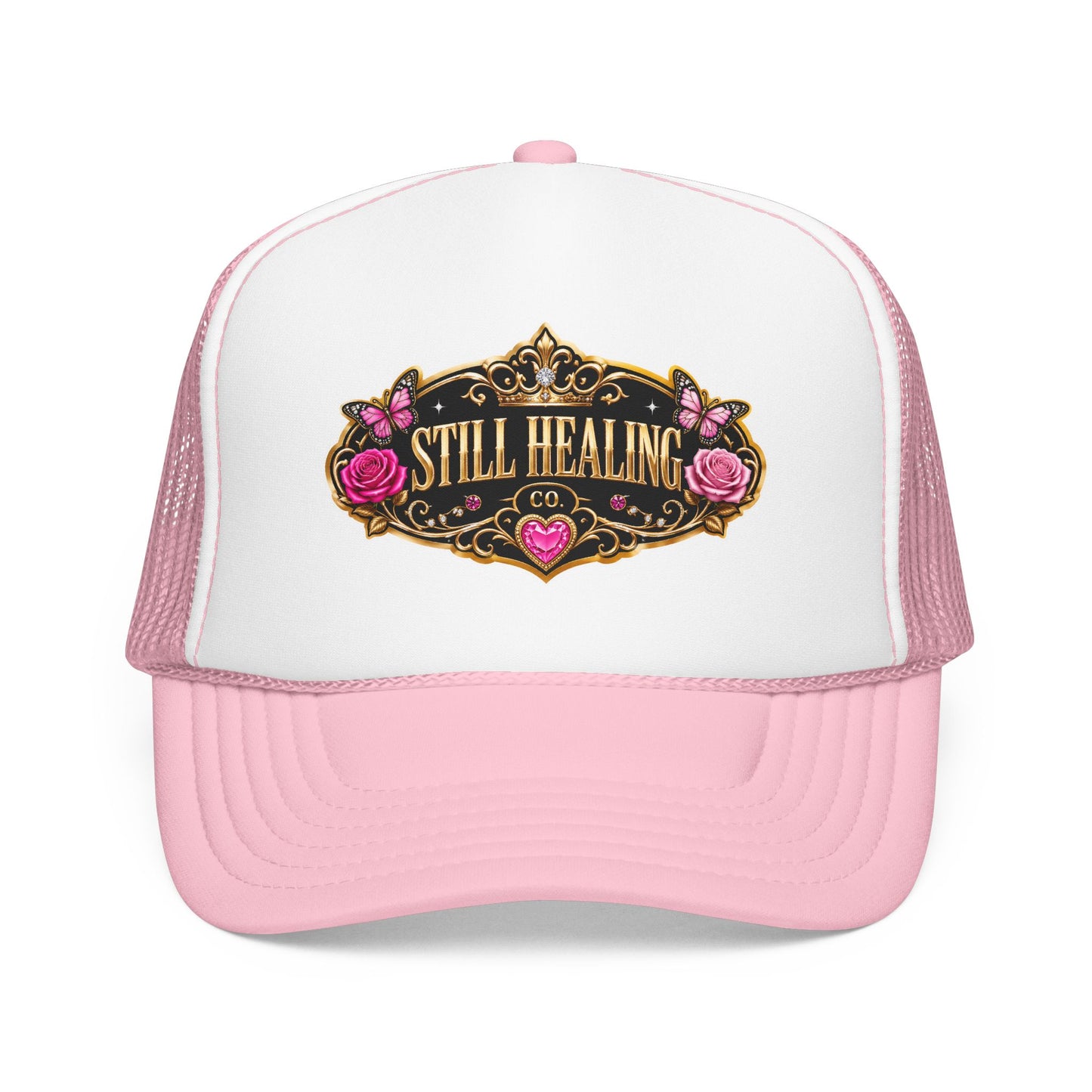 Still Healing Trucker Hat — Floral Vintage Patch Foam Cap