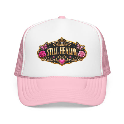 Still Healing Trucker Hat — Floral Vintage Patch Foam Cap
