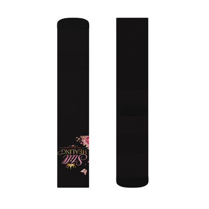 Black Sublimation Socks with Pink Floral “Still Healing” Script — Comfort Crew Socks for Self-Care & Gifts