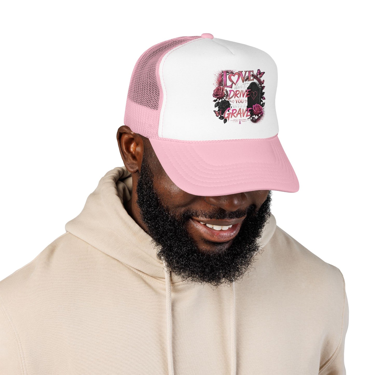 Trucker Hat — "I Love You Don't Drive Me to a Grave" Pink Gothic Heart Design