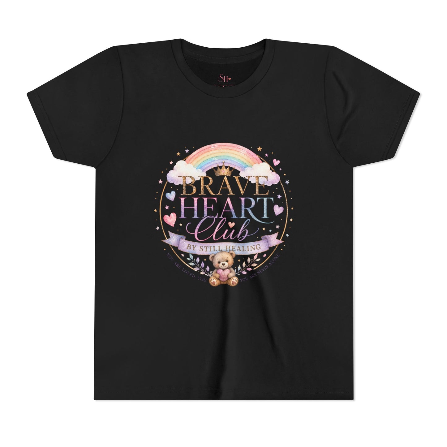 Brave Heart Club Youth Tee — Pastel Rainbow & Teddy Kids Shirt (“Brave Heart Club” Design)