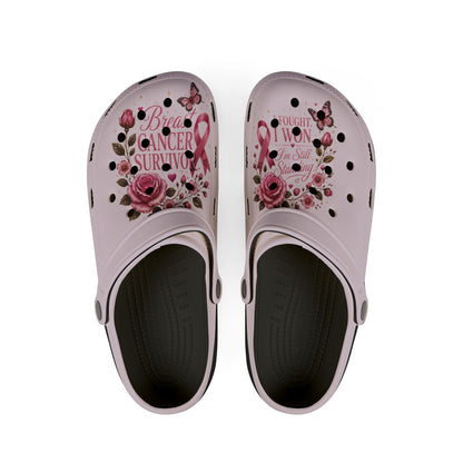 Pink Breast Cancer Survivor Clog - "I Fought I Won" Floral Ribbon EVA Shoes