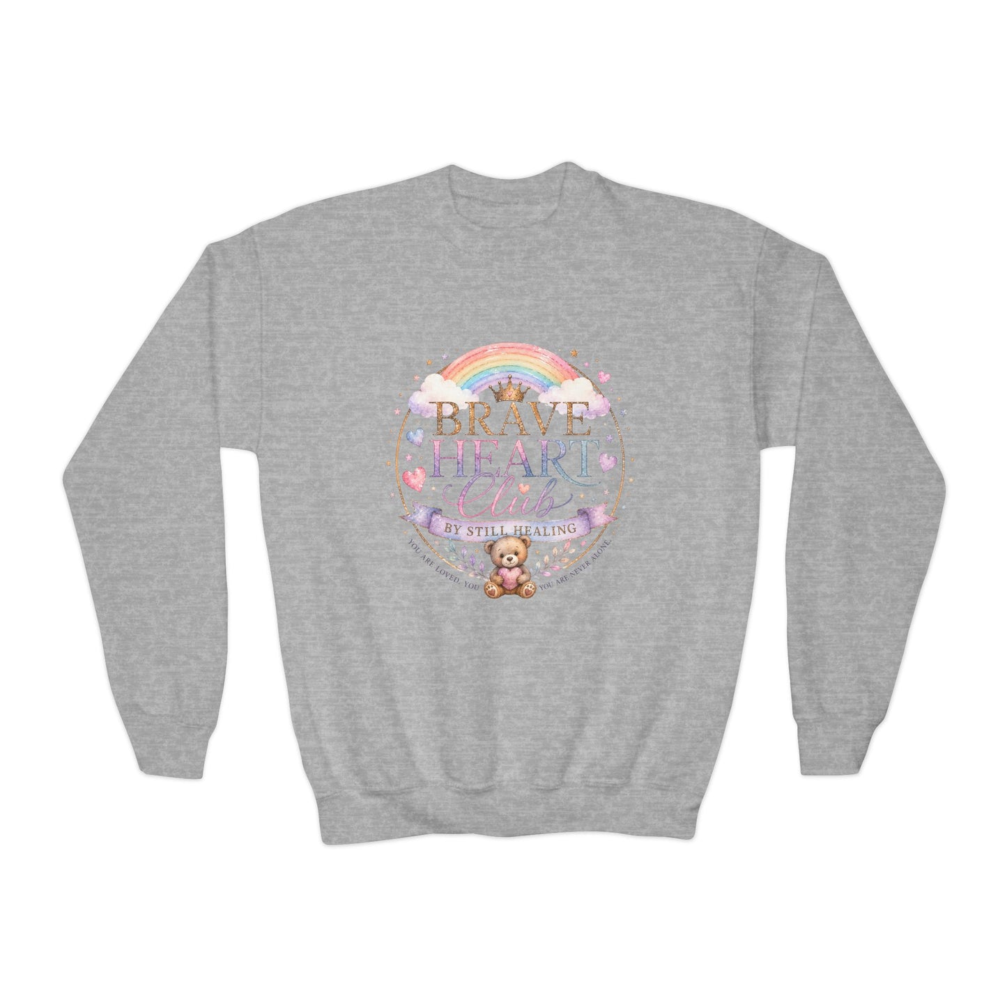Brave Heart Club Youth Crewneck Sweatshirt — Rainbow Teddy Cancer Awareness