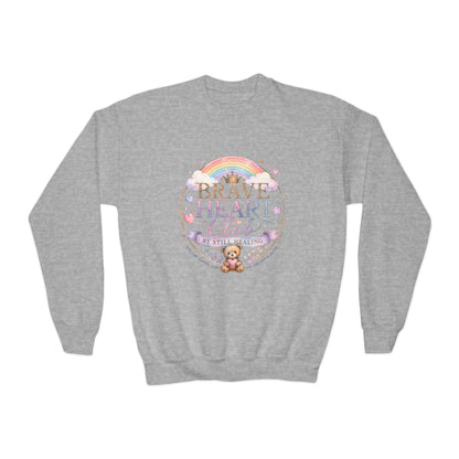 Brave Heart Club Youth Crewneck Sweatshirt — Rainbow Teddy Cancer Awareness