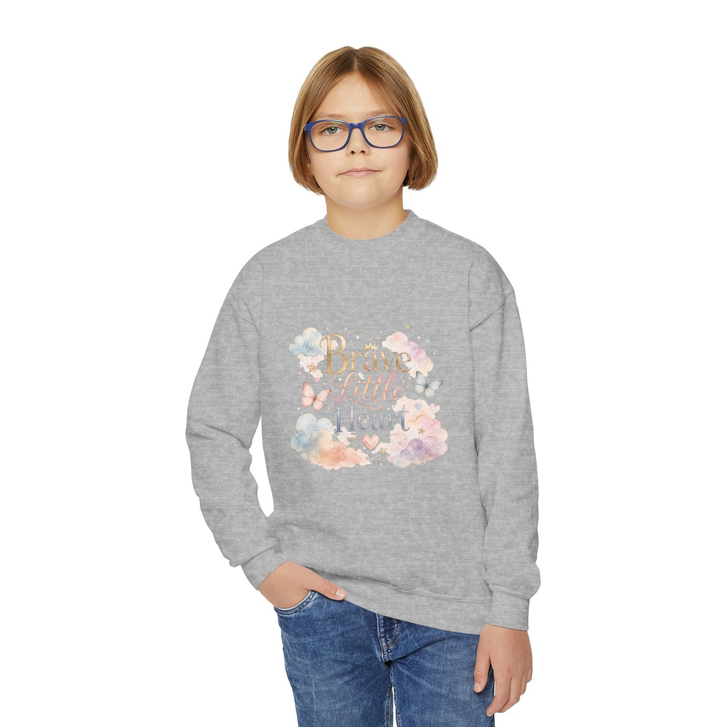 Youth Sweatshirt — "Brave Little Heart" Watercolor Butterfly Crewneck