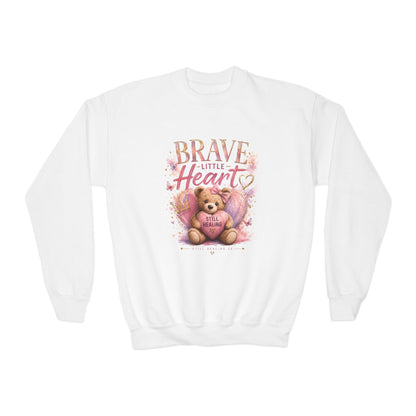 Youth Crewneck Sweatshirt — "Brave Little Heart" Teddy Bear Graphic