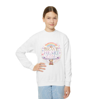 Brave Heart Club Youth Crewneck Sweatshirt — Rainbow Teddy Cancer Awareness