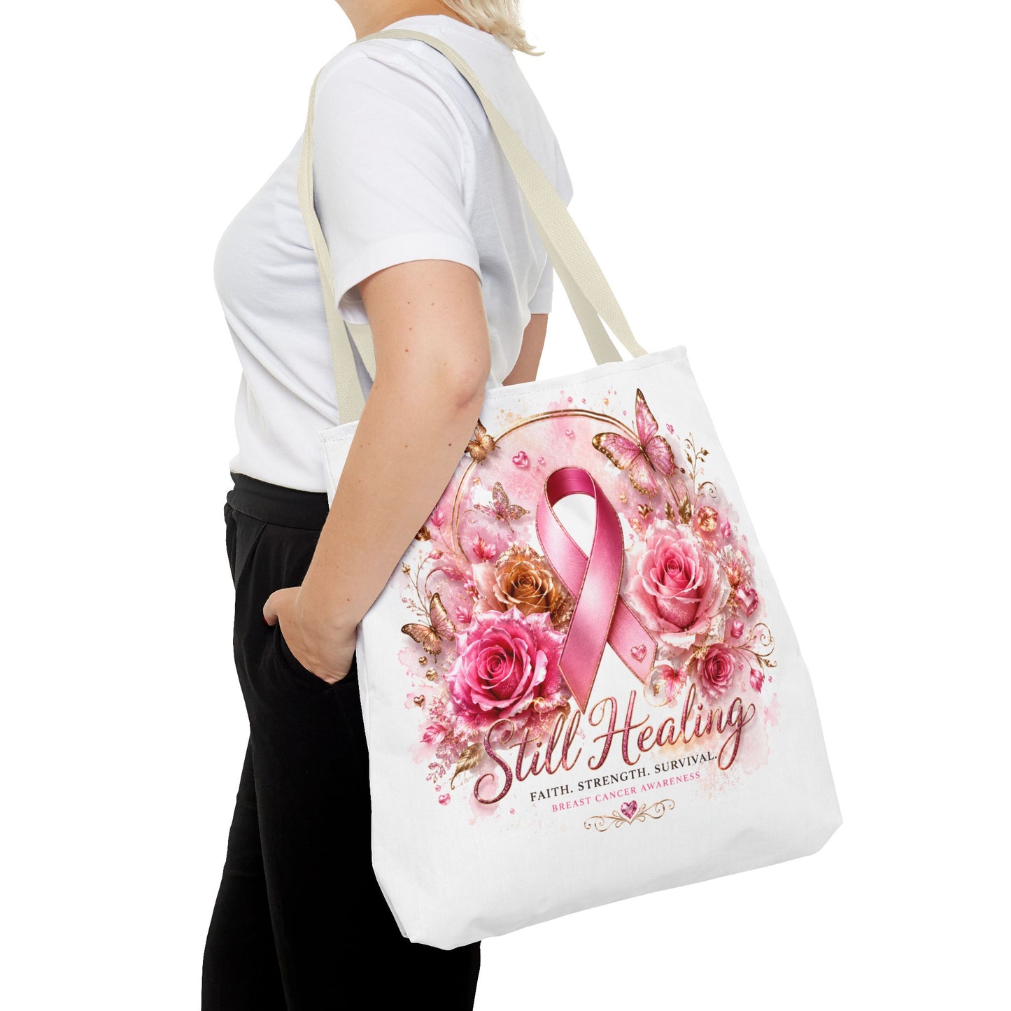 Breast Cancer Support Tote — "Still Healing" Pink Ribbon Floral Bag