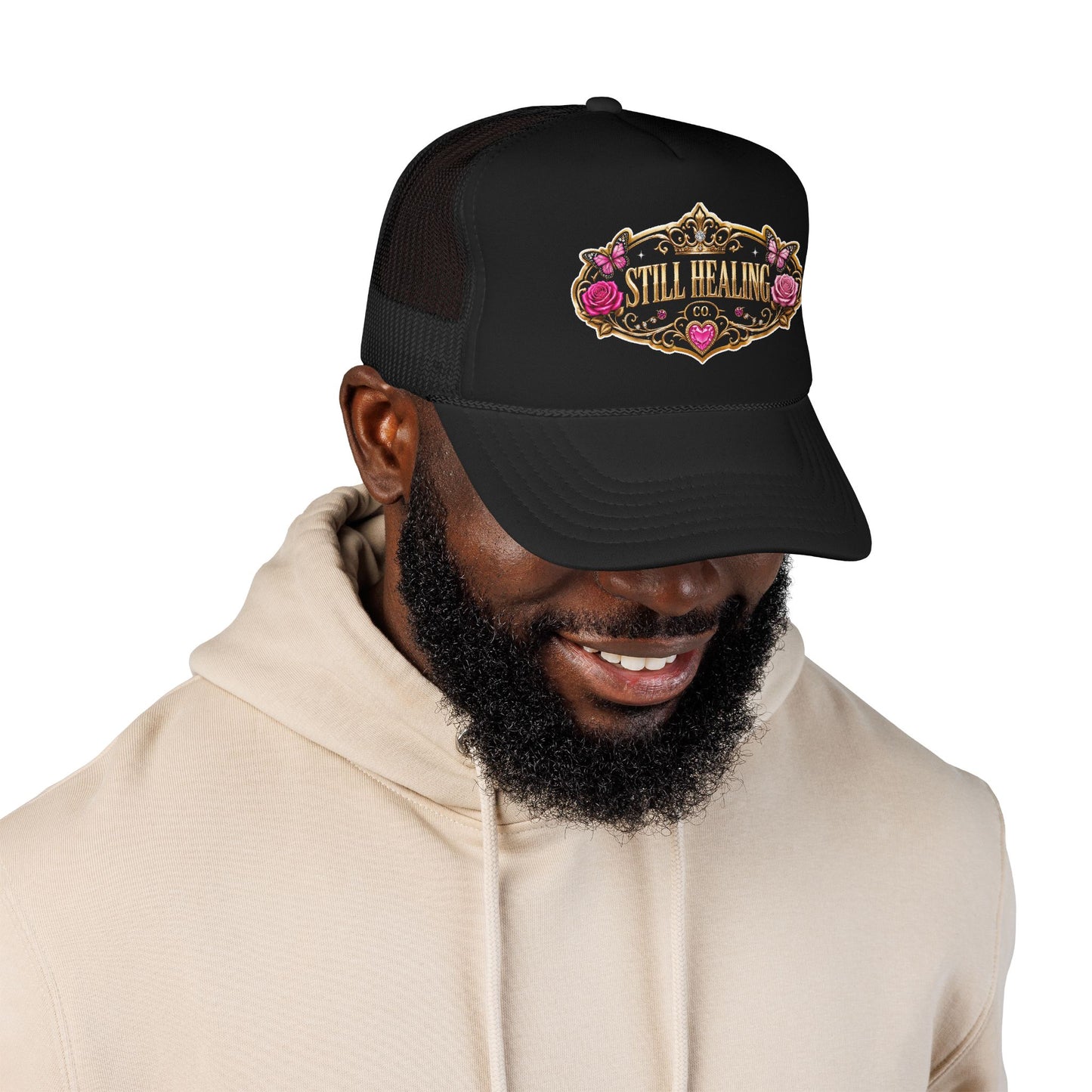 Still Healing Trucker Hat — Floral Vintage Patch Foam Cap