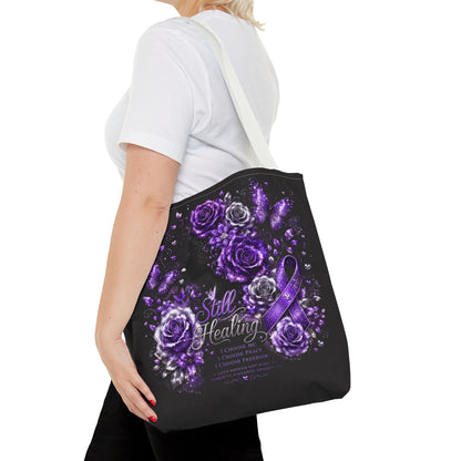 Purple Ribbon 'Still Healing' Floral Tote Bag