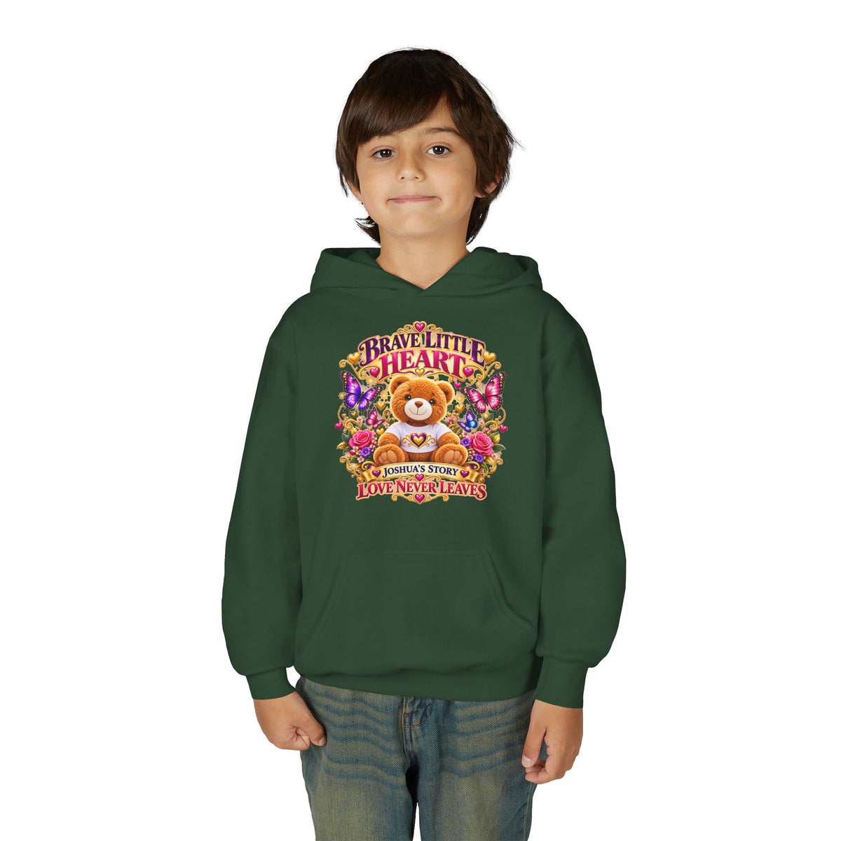 Brave Little Heart Youth Hoodie – Personalized Teddy Bear 'Love Never Leaves' Kids Sweatshirt