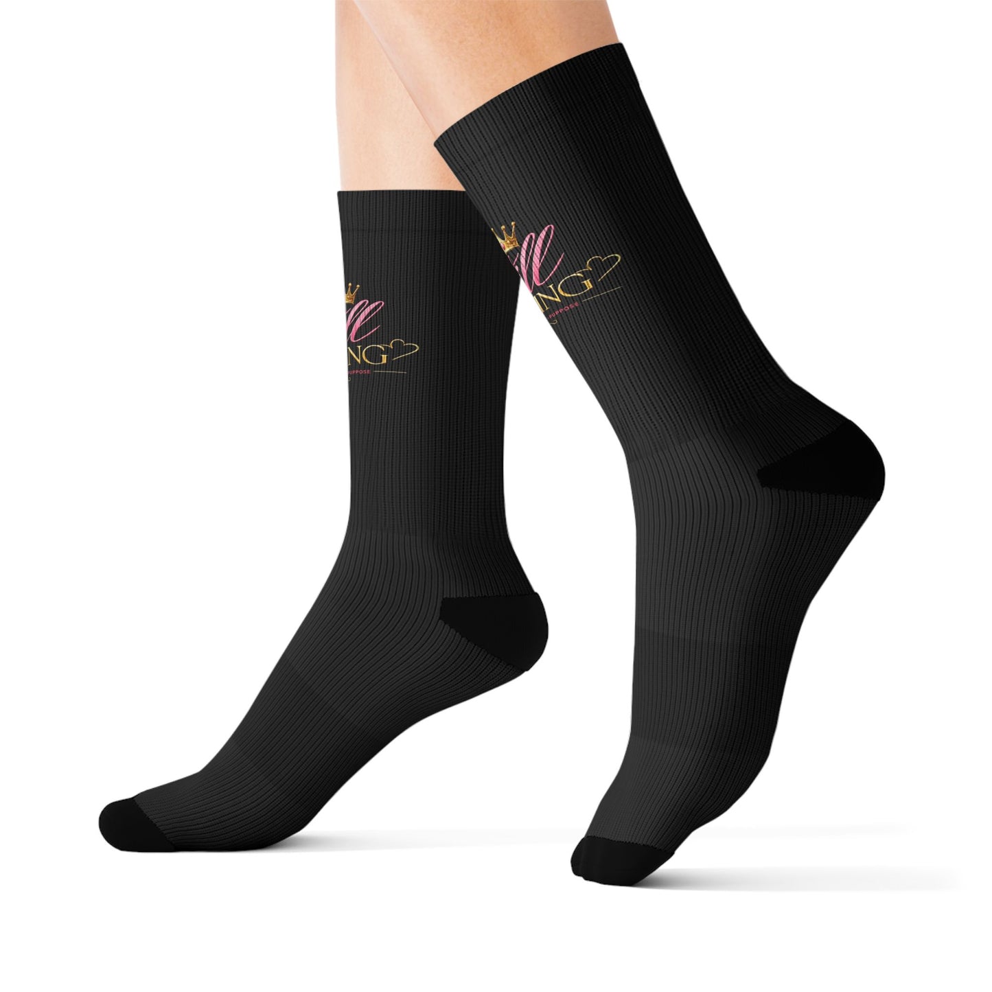 Black Sublimation Socks with Pink Floral “Still Healing” Script — Comfort Crew Socks for Self-Care & Gifts