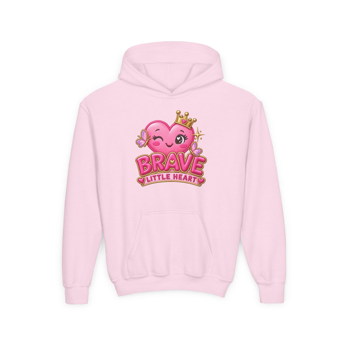 Youth Hoodie — "Brave Little Heart" Pink Heart Crown Kids Pullover