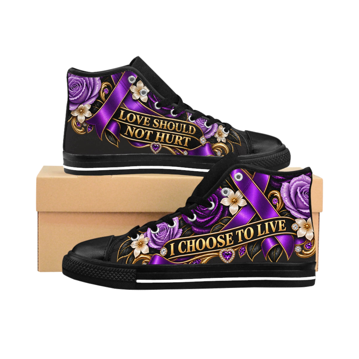 High-Top Sneakers — "Love Should Not Hurt / I Choose to Live" Purple Awareness Shoes