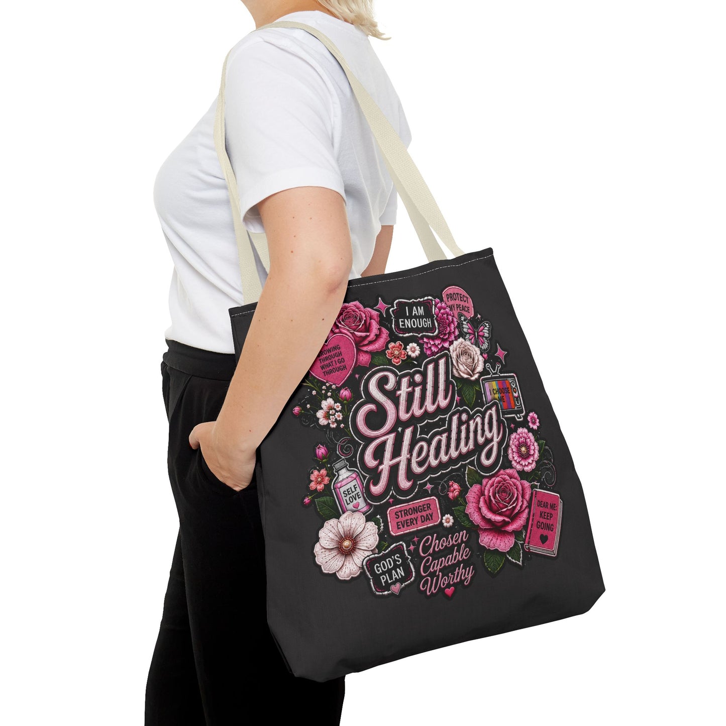 Still Healing Floral Tote Bag — Inspirational Recovery Messenger Tote