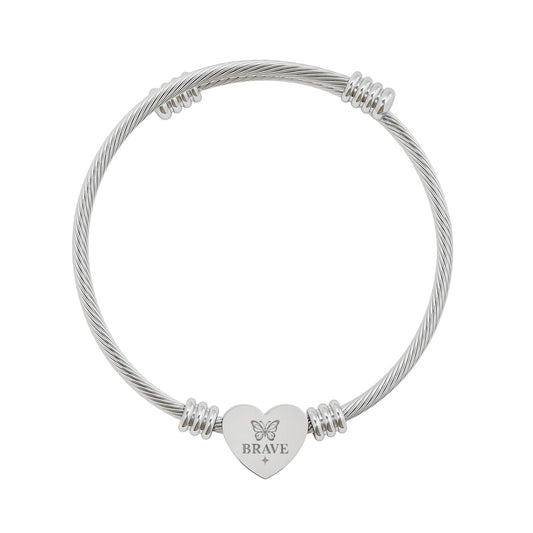 Engravable Heart Cuff Bracelet — Personalized Silver Cable Bangle for Gifts & Anniversaries