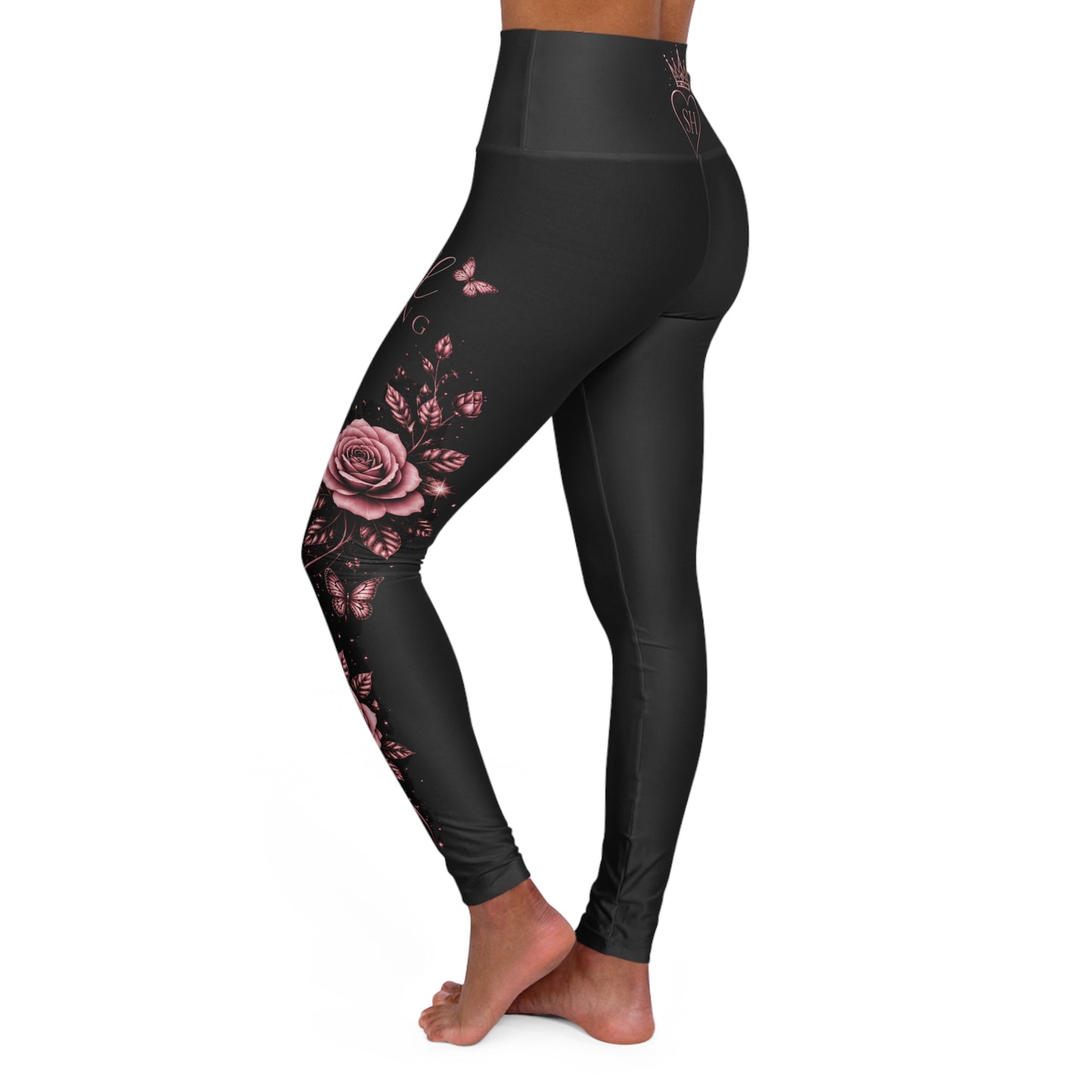 High-Waisted Floral Yoga Leggings — Rose Accent AOP