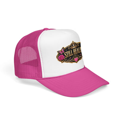 Still Healing Trucker Hat — Floral Vintage Patch Foam Cap