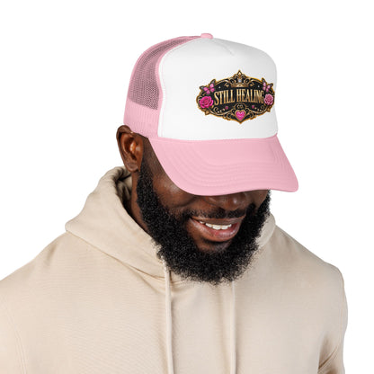 Still Healing Trucker Hat — Floral Vintage Patch Foam Cap