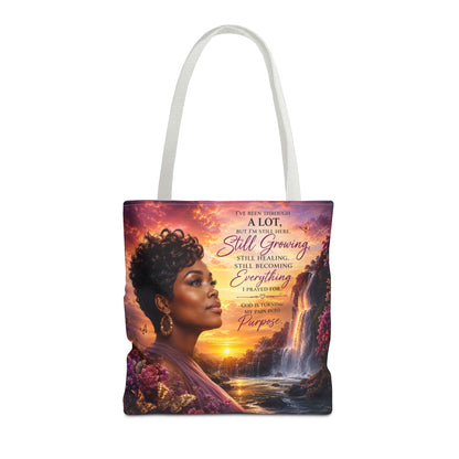 Inspirational 'Still Growing' Tote Bag — Empowering Women's Portrait Beach Sunset Design