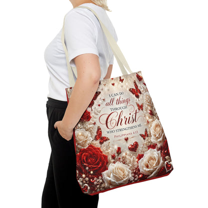 Christian Floral Tote Bag — "I Can Do All Things Through Christ" Philippians 4:13