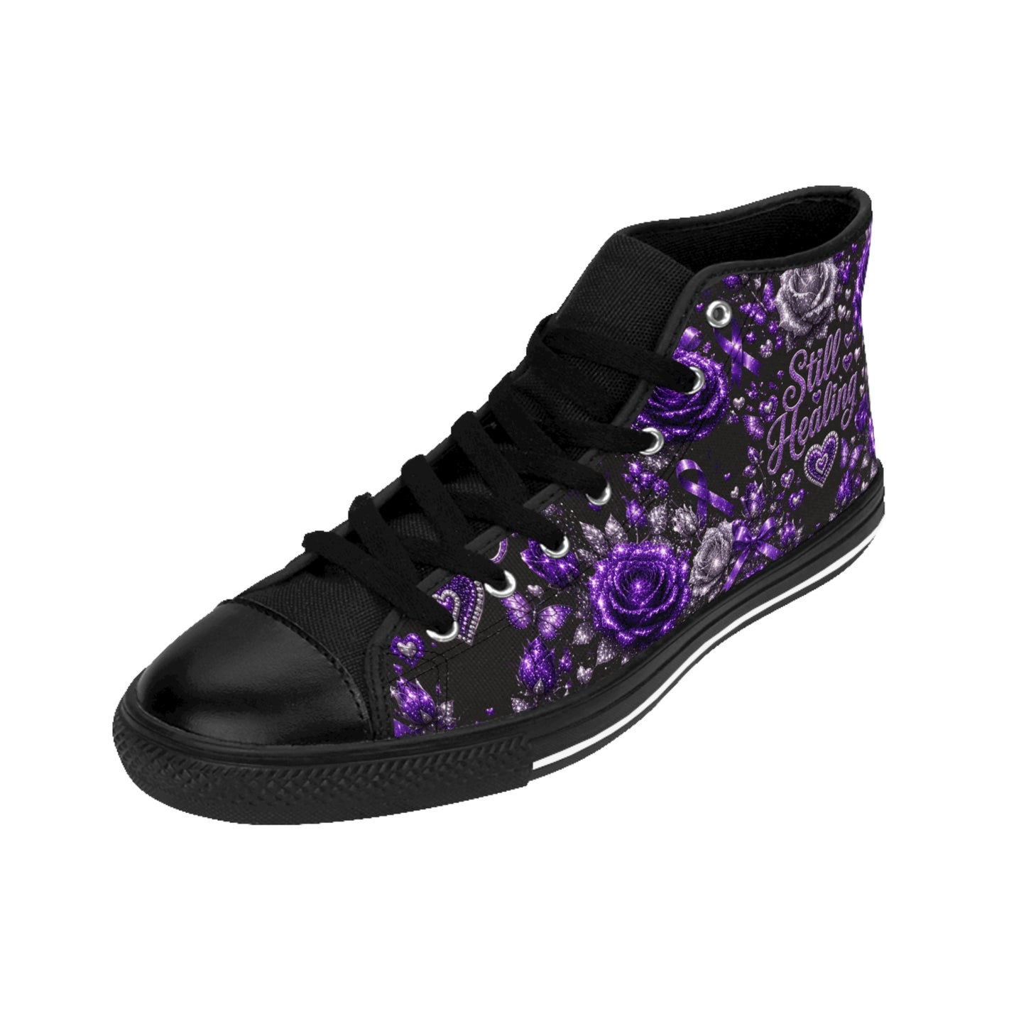 Still Healing Purple Rose High-Top Sneakers — Women's Floral Awareness Shoes