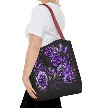 Purple Ribbon 'Still Healing' Floral Tote Bag